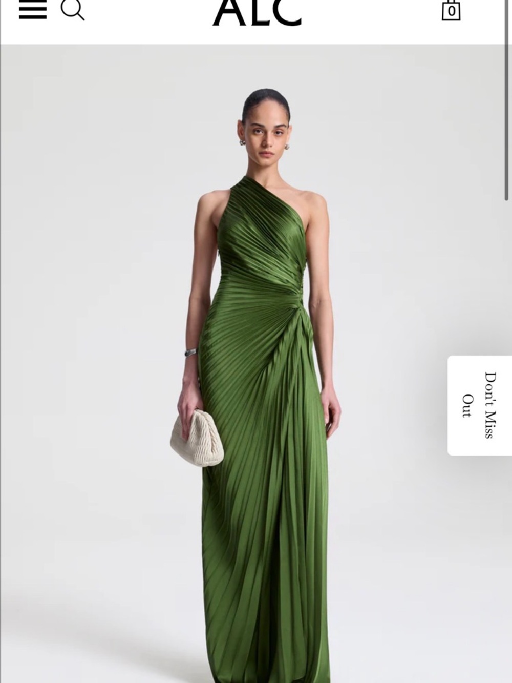 A.L.C. One-Shoulder Olive Green Pleated Gown with Side Knot